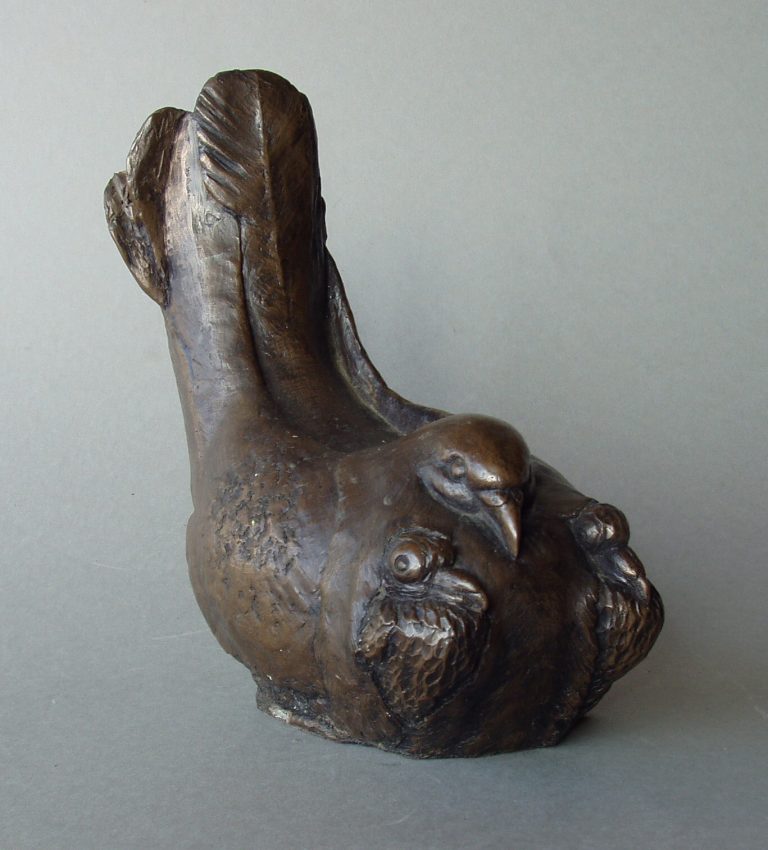 A resin bronze sculpture of a brooding pigeon