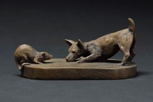 Bronze sculpture of a Jack Russell terrier facing a rat linking to more details