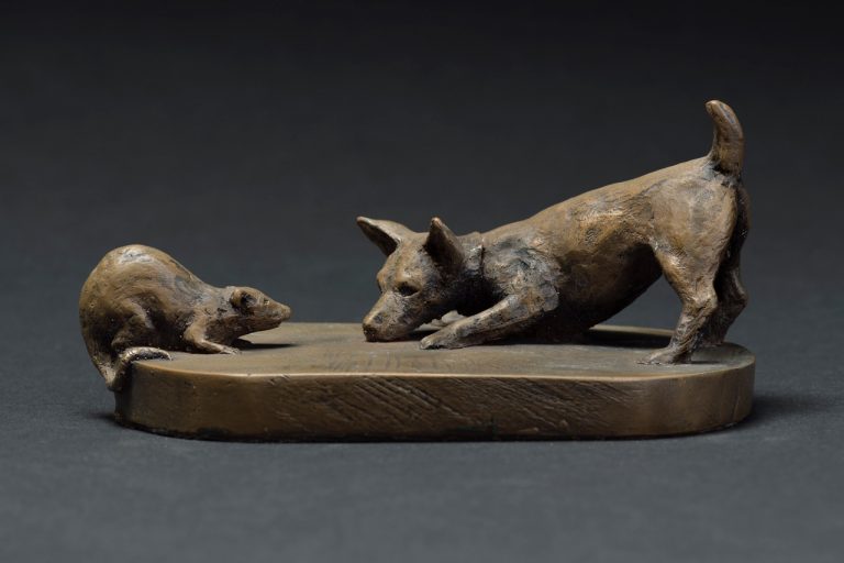 Bronze sculpture of a Jack Russell terrier facing a rat linking to more details