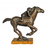 Bronze sculpture of bare back rider on a galloping horse